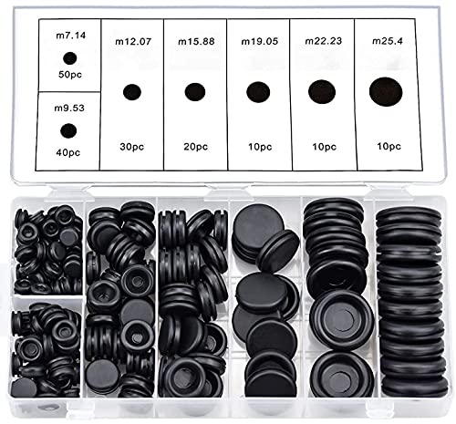 Litensh Kit de 170 ojales de goma, 7 tamaños pasamuros cable tapones de goma, enchufe de orificio de cortafuegos, kit de juntas de alambre eléctrico para enchufe y cable de coche, color negro