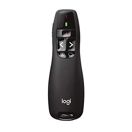 Logitech R400 Presentador Inalámbrico con Receptor USB, Puntero Láser Digital Rojo, Distancia de 30 Metros, 6 Botones, Controles Intuitivos, Indicador de Batería, Compatible con PC, Negro