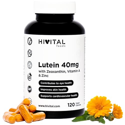 Luteina 40 mg. 120 cápsulas veganas para 4 meses. Extracto natural de Flor de Caléndula con 40 mg de Luteina pura, 8 mg de Zeaxantina, Vitamina A y Zinc para mejorar la salud de los ojos y de la piel.