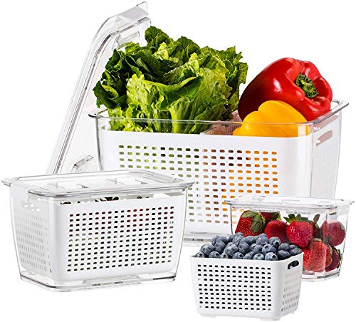 Luxear - Lote de 3 cajas de conservación de alimentos, caja fresca, 4,5 L, 1,7 L, 0,48 L, libre de BPA, para almacenamiento de nevera con escurridor, contenedor de conservación, ensalada para verduras