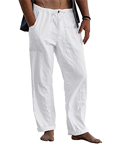 LVCBL Pantalones de Lino para Hombre con Bolsillos con Cordón Cómodos Pantalones de Salón de Playa Blanco M