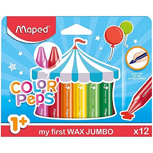 Maped - Ceras de Colores para Niños - Wax Jumbo - 10 Pinturas de Cera de Colores - Tacto Suave - Tamaño Compacto - Funda de Papel para No Manchar las Manos - Colores Vibrantes