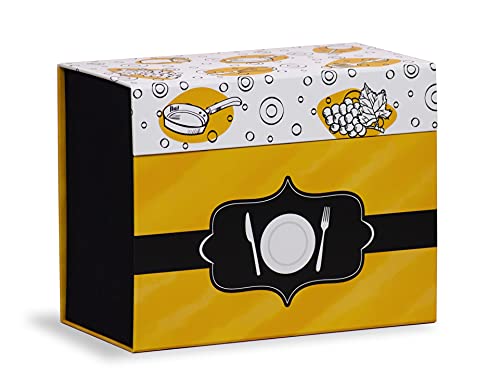 Mareli Caja 60 Tarjetas ilustradas para Rellenar con Recetas propias y 6 separadores con diseño de Comida, Papel, Negro y Amarillo, 22,5x11x17