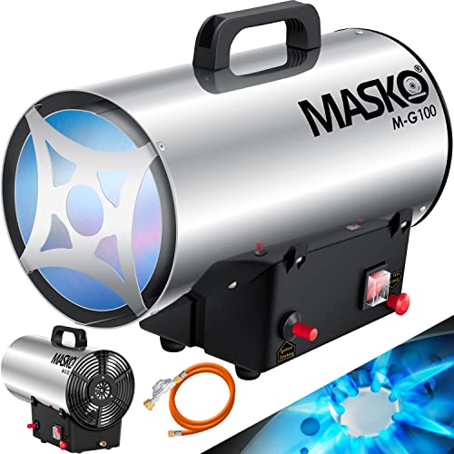 MASKO® El calentador de gas calentador de gas cañón, calentador de gas de construcción, calentador de gas radiante, generador de aire caliente incl. manguera de gas y reductor de presión, plata 10 KW