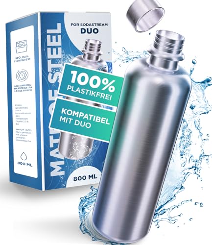 MATE OF STEEL® Botella prémium de acero inoxidable de 0.8 l, compatible con Sodastream Duo & Easy – apto para lavavajillas,Termo de metal de 0.8 litros,Botellas de repuesto (0.8 L, natural)