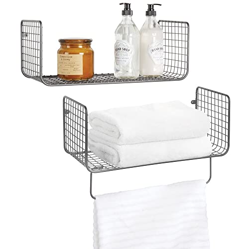 mDesign Juego de 2 estantes de pared – Versátiles estantes de metal para baño, garaje o lavadero – Cestas de rejilla con barra para toallas – gris