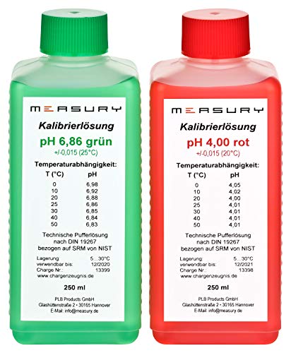 Measury Solución de Calibración de pH 4.00 y 6.86, Solución Tampón de pH 250ml cada una, Solución de Calibración Rojo/Verde, Set de Líquido de Calibración