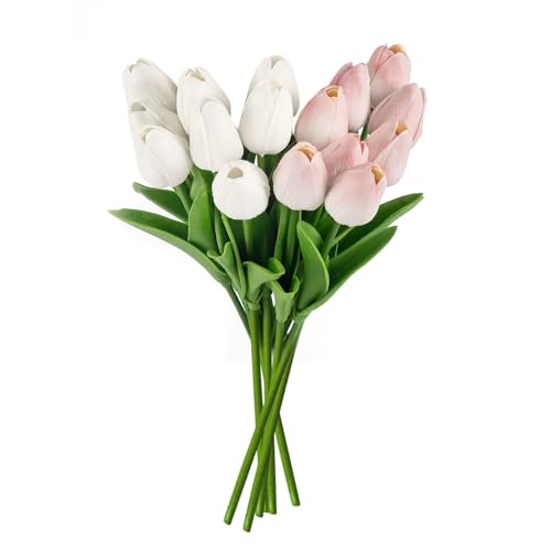 MEMOFYND 16 unidades de tulipanes artificiales, ramo de tulipanes artificiales, arreglos florales de boda, decoración, arreglos de boda (blanco, rosa claro)