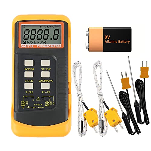 Mengshen Termómetro Digital Tipo K, 2 Canales con Sensor De Sonda De 4 Termopares -50~1370°C (-58~2498°F) °C °F Escala Kelvin Medidor De Temperatura Portátil Conmutable