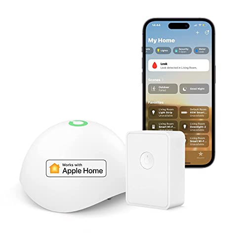 Meross Detector de Agua Inteligente, Sensor Fugas de Agua WiFi, Kit de Alarma de Agua, Mini Detector de Agua para Cocina, baño y Sótano, Compatible con Apple HomeKit (HUB Incluida)