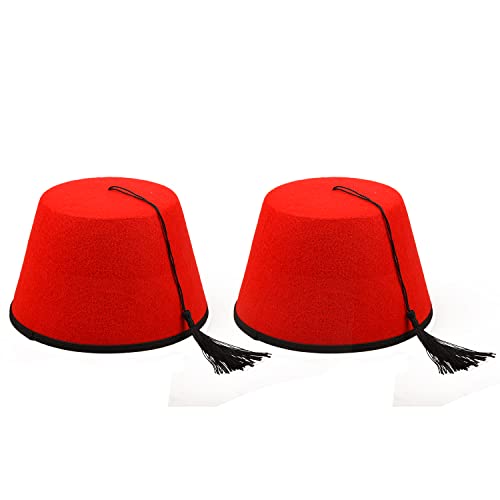 MFUOE Paquete de 2 sombreros Fez de fieltro rojo novedoso sombrero turco marroquí Tommy Cooper borlas negras turcas unisex gorra elegante sombrero