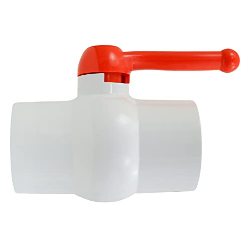 Midline Valve Válvula de bola de PVC con mango en T rojo, cierre de agua, conexiones solventes, plástico blanco (482T300)