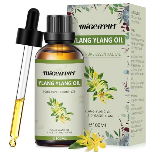 MIGCAPUT Aceite Esencial de Ylang Ylang 100ML, 100% Puro Natural Aceites Esenciales de Aromaterapia de Grado Terapéutico para Cuidado de la Piel, Anti Acné, Dormir Mejor, Humidificador