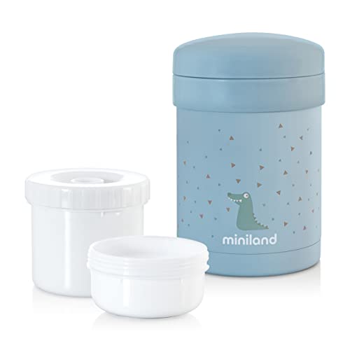 Miniland 89226 - Termo papillero de acero inoxidable para bebé con dos herméticos interiores - Termo para alimentos sólidos de 700ml con dos contenedores. Azul.