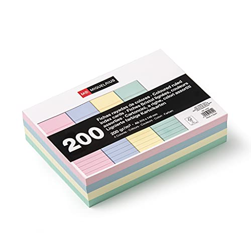 Miquelrius - Flashcards, Tarjetas para Estudio, 200 Fichas para Notas, Rayas Horizontales, Tamaño A5 (148 x 210 mm), Papel Cartulina Offset de 200 g/m², Colores Pastel