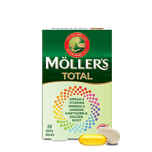 Moller’s ® | Total | Complemento Alimenticio de Uso Diario | Suplemento dietético nórdico con omega 3, EPA y DHA | Amplio espectro de vitaminas y minerales | Ginseng, Espino y Rodiola | 56 Cápsulas