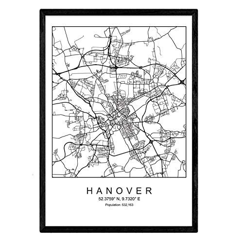 Nacnic Lámina mapa de la ciudad Hanover estilo nordico en blanco y negro. Poster tamaño A4 Sin marco Impreso papel 250 gr. Cuadros, láminas y posters para salon y dormitorio