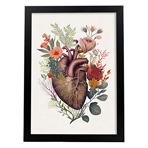 Nacnic Póster Anatómico de un Corazón sobre Fondo Blanco. Colorida ilustración de partes del cuerpo humano con flores, A3 Marco Negro