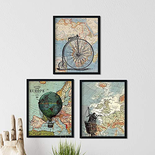 Nacnic Set Láminas Decoración Viajes por el Mundo | Posters y Cuadros con Imágenes y Dibujos Globo, Bicicleta y Barco Antiguos | Tamaño A4