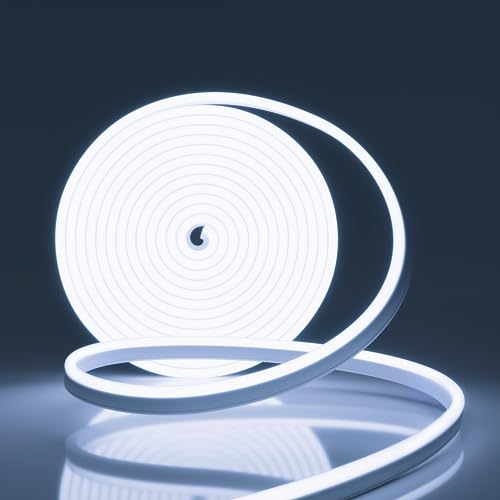 NELUX Tira Neón LED Impermeable y Flexible para Exterior o Interior de 5 metros y Blanco Frío, Luces LED Neon Flex Regulable. Incluye Mando a Distancia para Controlar Brillo y Adaptador 12V.