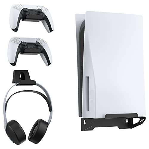 NexiGo Juego de Soporte de Pared para Playstation 5 (Disco & Digital), Montar la Consola PS5 Cerca o Detrás del Televisor con Soporte para el Controlador & Colgador de Auriculares