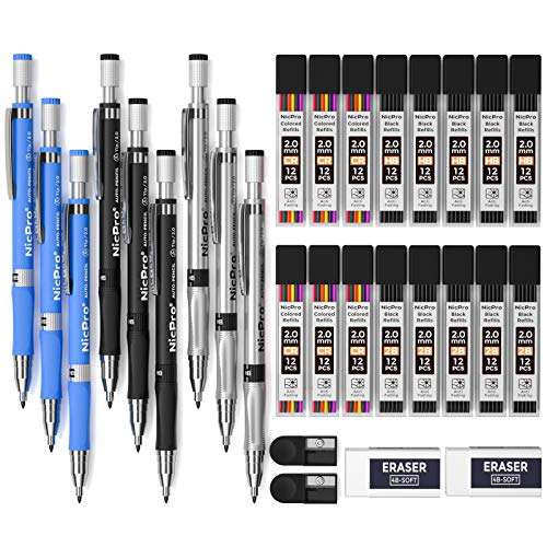 Nicpro 9 PCS Portaminas 2mm, cone Recargas de color y negro (HB & 2B), 2 Borrador, 2 Sacapuntas para Escritura, Dibujo de arte, Carpintero