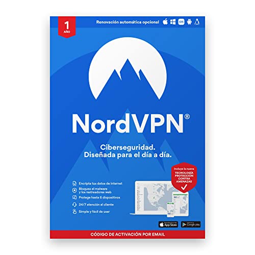 NordVPN Estándar - 1 Año de VPN y software de ciberseguridad - Bloquea malware, enlaces y anuncios maliciosos, protege tu información personal | 1 Año | Código de activación enviado por email