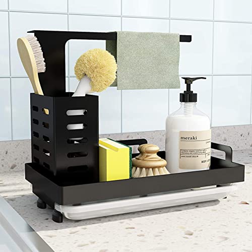 Organizador de fregadero para utensilios, de acero inoxidable, cesta para cocina y baño con escurridor, placa adhesiva, esponja de doble uso, cepillo, soporte para dispensador de jabón (negro)