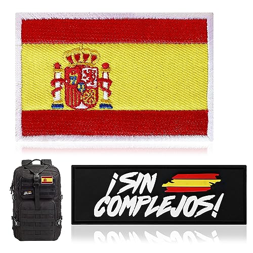 Pack Parche Bordado Bandera España + Parche PVC "Sin Complejos" | Opción patriota para mochila tactica, chaleco o cualquier otro accesorio | 8x5 cm y 8x2,5 cm