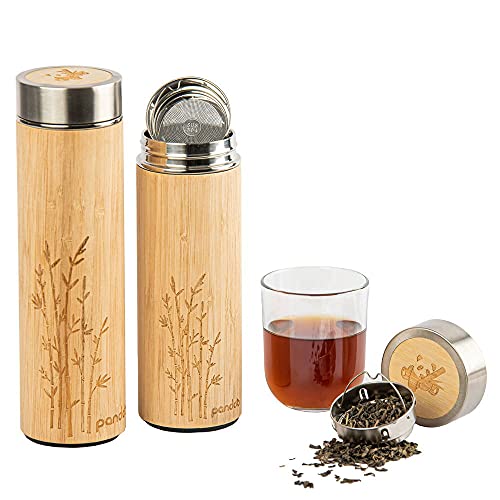 pandoo Tea to-go Termo de bambú 480ml, botella térmica de doble pared, termo de viaje, termo para té, botella de agua con colador de té de acero inoxidable sin BPA