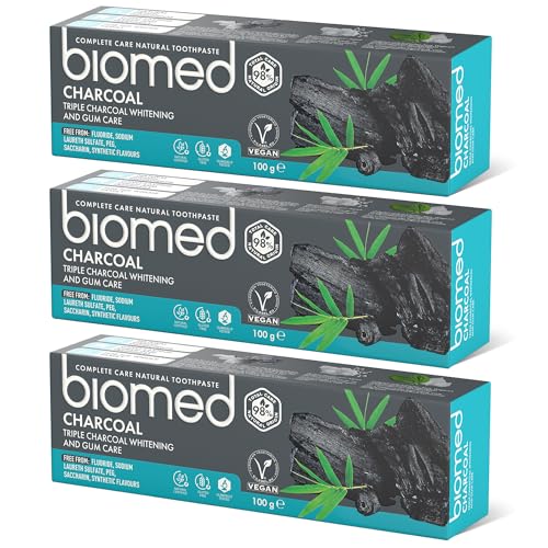 Pasta de dientes blanqueadora 98 % natural Biomed Triple Charcoal | Cuidado de encías, carbón de bambú | Apto para veganos, sin SLES 100 g (Pack de 3)