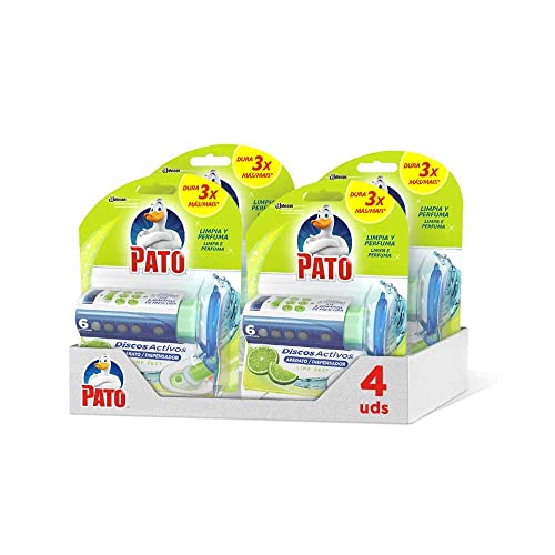 PATO®  Discos Activos WC Lima para Inodoro, Limpia y Desinfecta, Packs de 4 Unidades, 4 Aplicadores + 4 Recambios