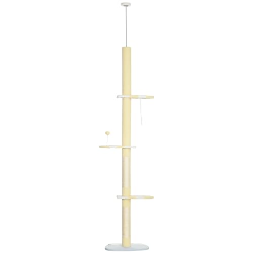 PawHut Árbol para Gatos del Suelo al Techo 220-260 cm Rascador para Gatos con 3 Plataformas Poste Altura Ajustable Escalador de Sisal y Bola para Jugar 47x34x220-260 cm Amarillo