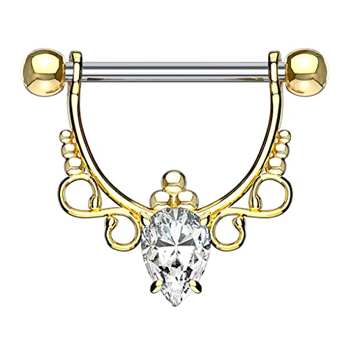 Piercing para pezón – varilla recta con arco de círculo suspendido y centrado por un circón en forma de marquesa enmarcada de 2 signos infinitos de filigrana –, Acero aleado Piercing para pezón – varilla recta con arco de círculo suspendido y centrado por un circón en forma de marquesa enmarcada de 2 signos infinitos de filigrana –, Acero aleado