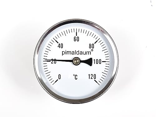 PIMALDAUM® Termómetro bimetálico 0-120 °C, diámetro 63 mm, con manguito de inmersión 11 mm x 40 mm, conector trasero de 1/2"