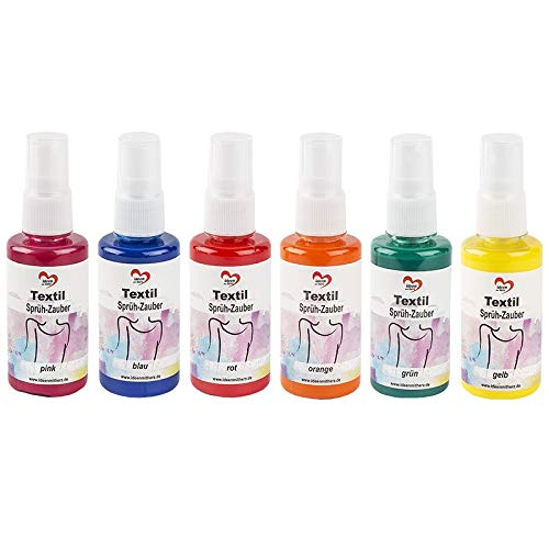 Pintura en Spray para Textiles de 6 x 50 ml, 6 Colores Altamente pigmentados con el máximo Brillo para Textiles claros, a Base de Agua (Spray Mago 1 | Rosa, Azul, Rojo, Naranja, Verde, Amarillo)