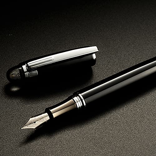 Plumas Estilograficas de metal punta fina 0.5mm de escritura trazo elegante,plumin fino recargable,pluma fuente y capuchon con cierre de giro,Incluye caja para regalo. (Negro)