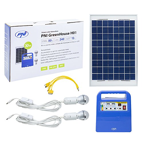 PNI Panel Solar, Sistema de energía Solar portátil, generador de energía Greenhouse H01 30W con batería de 12V / 7Ah, USB/Radio / MP3, 2 Bombillas LED