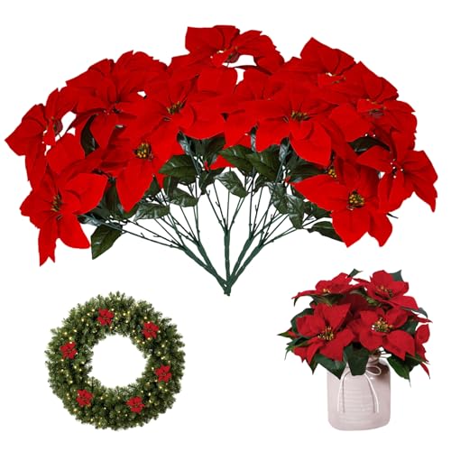 Poinsettia Flores artificiales 5 piezas de 17.7 pulgadas de altura Realista Flores de Navidad Seda Roja Flores artificiales Poinsettia de seda roja Artios para el interior de la casa al aire libre De