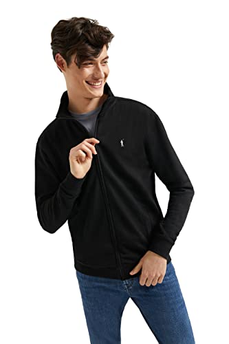 Polo Club Sudadera con Cremallera sin Capucha Negra para Hombre - 100% Algodón - Zipper Sweatshirt con Logo Bordado
