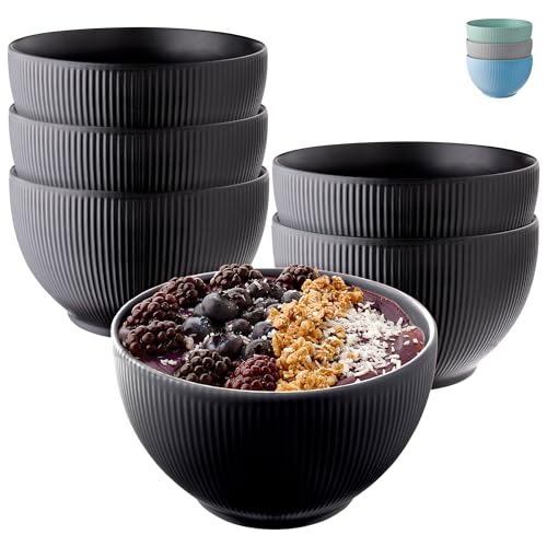 Praknu Cuencos de Cereales - Juego de 6 Cuencos - Bol de Cerámica Negro - Tazones de Desayuno Grandes - 700 ml - Para Sopa - Aptos para Microondas y Lavavajillas