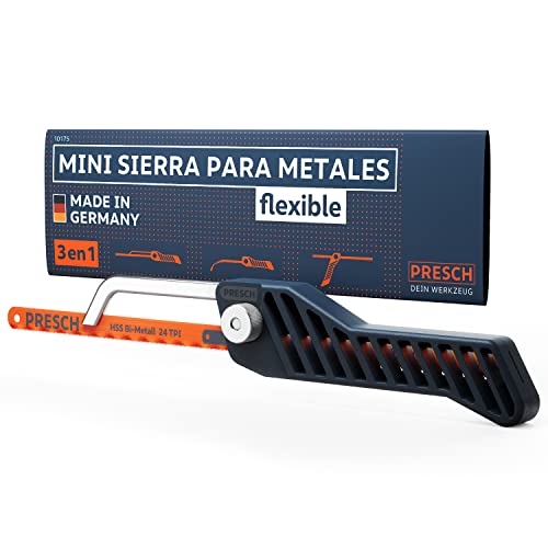 Presch Mini Sierra de Metal Flexible 300mm - de mano 3 en 1 incl. hoja de sierra para metal - Sierra de hierro pequeña ajustable con hoja para metalica