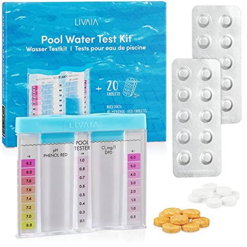 Probador de cloro y pH de piscina: juego de 3 unidades con contenedor de prueba, 10 pastillas de fenol rojo, 10 tabletas DPD1, probador de pH y cloro, probador de pH LIVAIA
