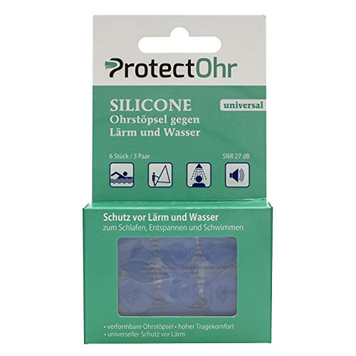 ProtectOhr Silicone Universal Earplugs, 3 pares de silicona impermeable, tapones para los oídos contra el ruido y el agua, al nadar/ducharse/deportes acuáticos, 6 piezas
