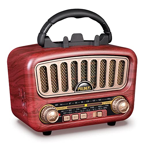 PRUNUS J-180 FM/Am/SW Radio Vintage Retro Woodgrain, Radio Portatil Pequeña Recargable de 1800mAh, Radio Transistor con Excelente Recepción, Altavoz de 5W con Bluetooth 5.0, Soporte USB/TF/AUX.