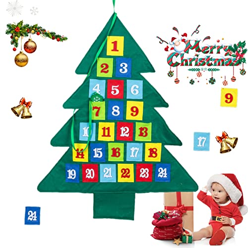 qiyifang Calendario de Adviento de fieltro para árbol de Navidad | Calendario de árbol de Navidad para colgar en la pared, adornos desmontables para colgar en la pared, bonita decoración navideña