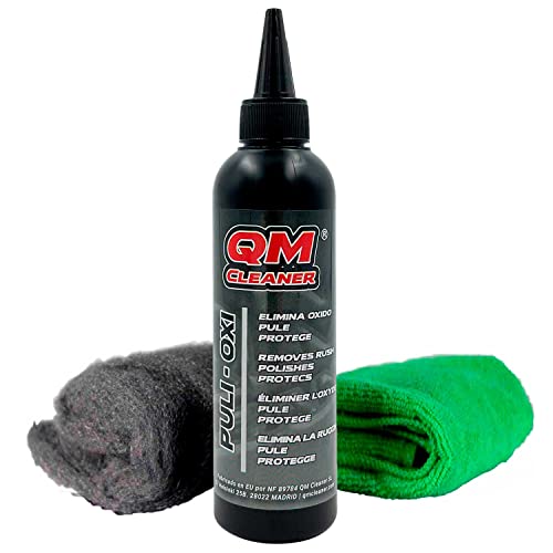 QM Cleaner Kit Puli-Oxi | Pulimento, Eliminador de manchas de Óxido, Limpiador de Cromados, reparador micro arañazos coche - Incluye Lana Acero 000 + Paño Microfibra