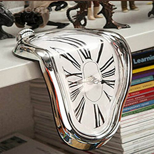 QOTSTEOS Reloj de fusión, moderno reloj de repisa de fusión surrealista reloj de pared distorsionado, decoración divertida del hogar escritorio de oficina reloj regalo (plata)