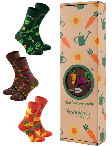 Rainbow Socks - Hombre Mujer Divertidos Calcetines Jardin - 3 Pares - Girasoles Regadera Zanahoria - Talla 41-46