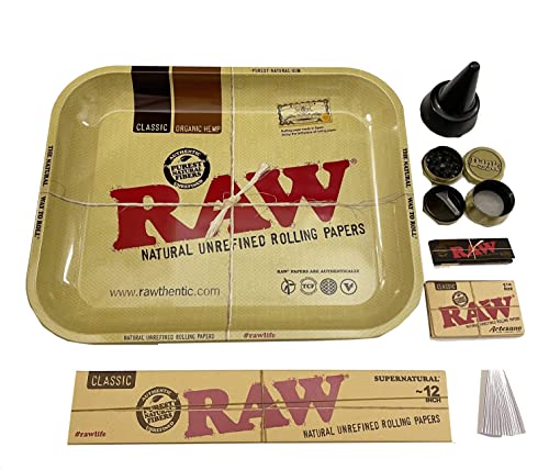Regalo para fumadores - Kit para fumar - Bandeja para liar RAW 35 x 28 cm - Grinder metálico de 4 partes - Papel de liar RAW Black y Artesano - Cenicero para playa